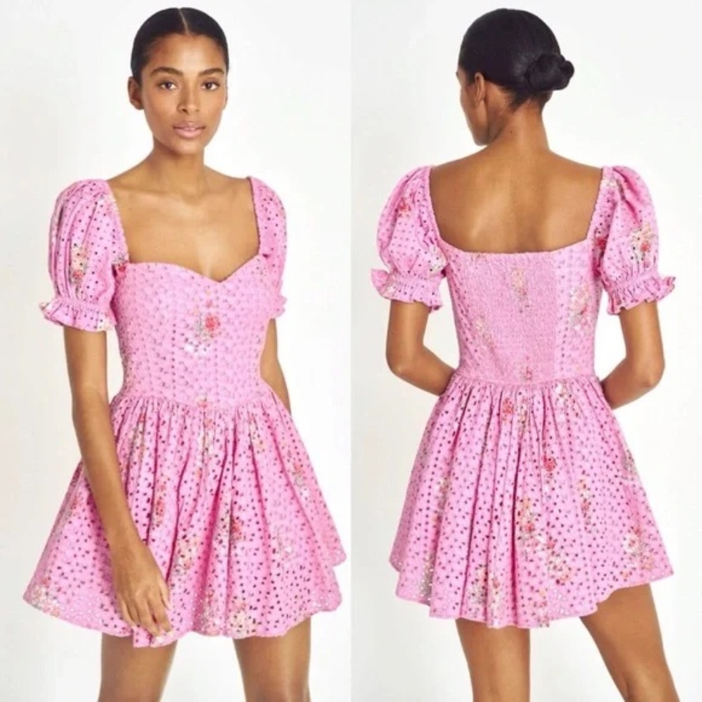LoveShackFancy Altima Mini Dress Pink Floral Puff Sleeve 100% Cotton Medium - Picture 1 of 9
